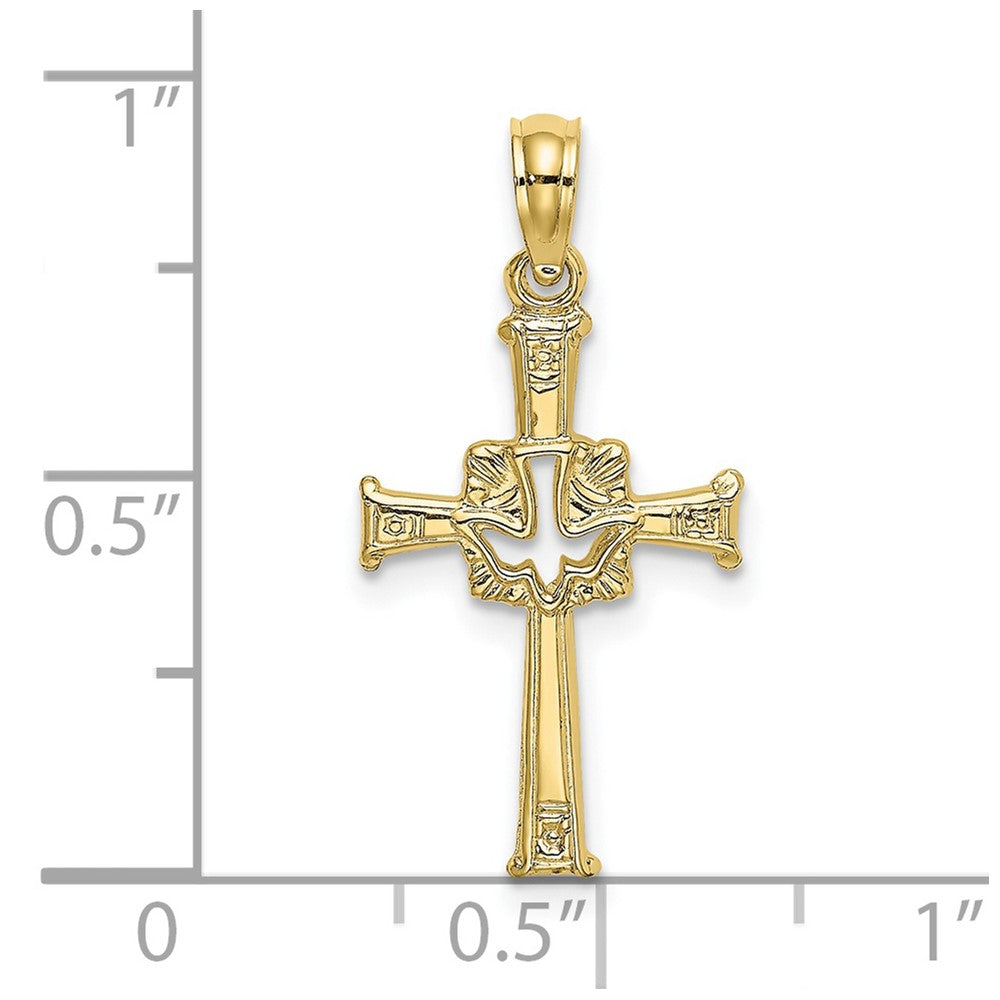 10k Yellow Gold 13 mm Polished and Engraved Cross and Dove Charm (0.63 grams)