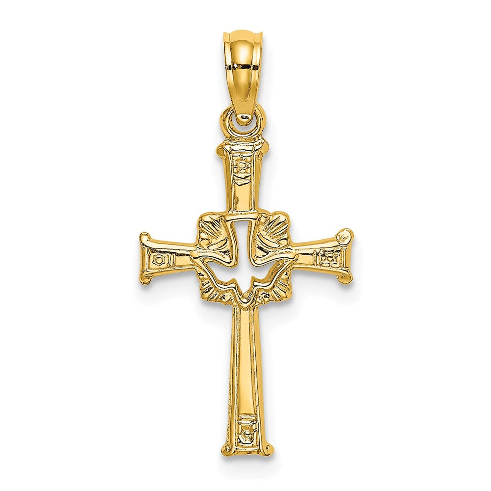 10k Yellow Gold 13 mm Polished and Engraved Cross and Dove Charm (0.63 grams)