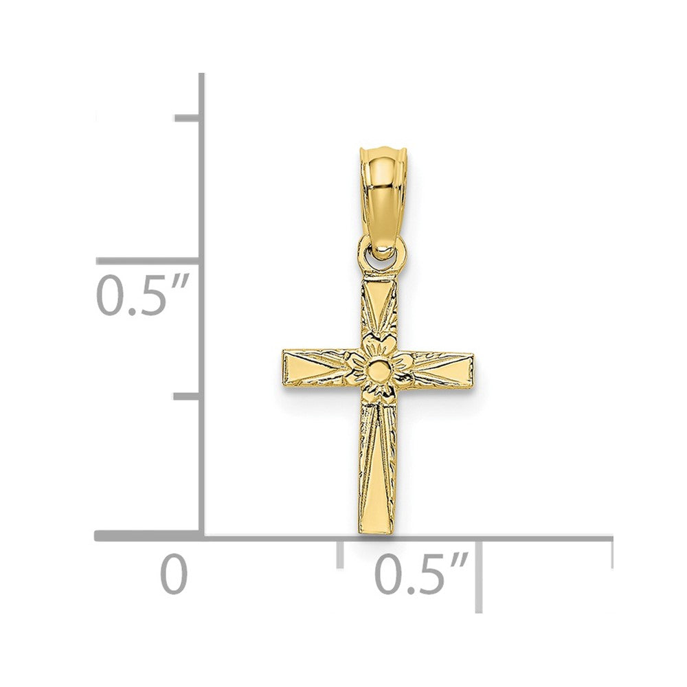 10k Yellow Gold 10 mm Polished and Engraved Mini Cross W/ Flower Charm (0.24 grams)