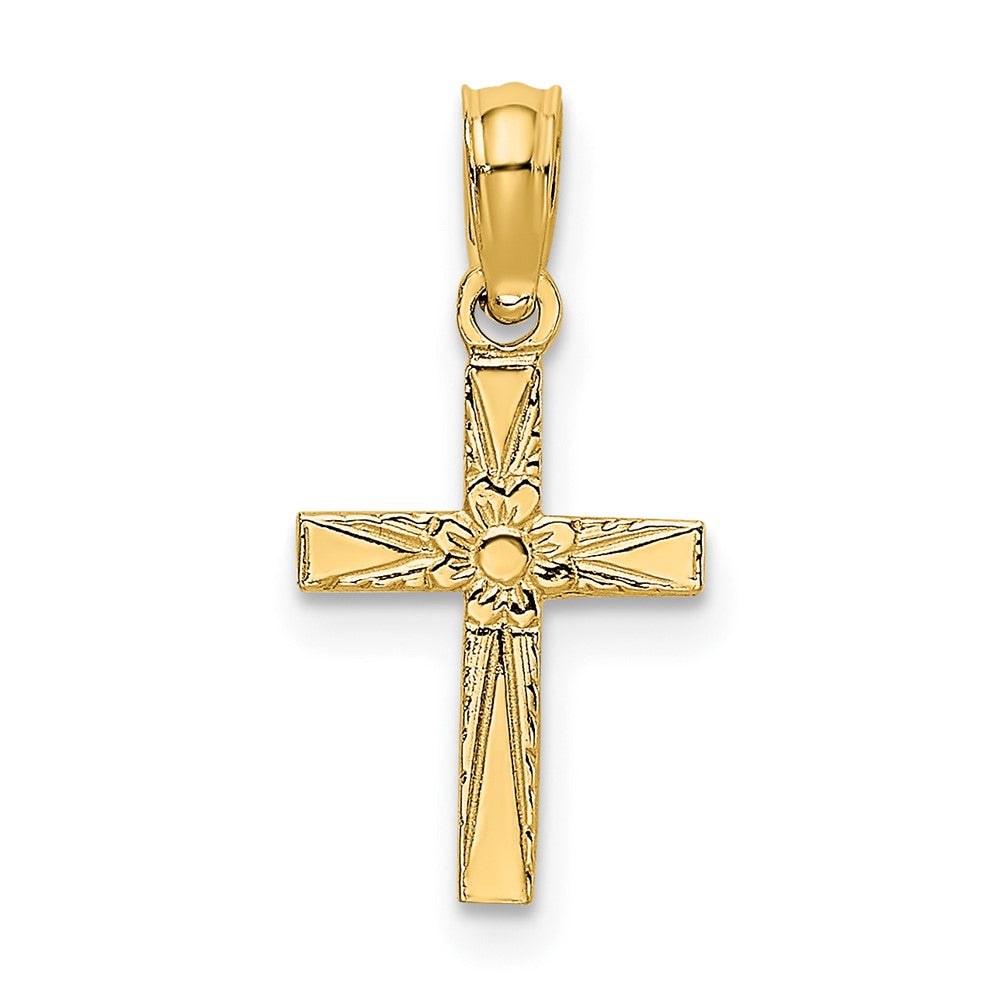 10k Yellow Gold 10 mm Polished and Engraved Mini Cross W/ Flower Charm