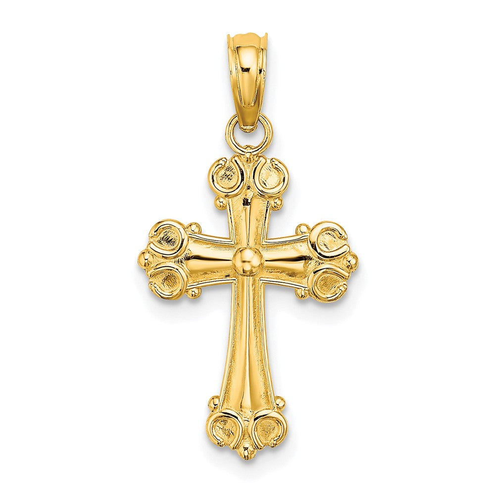 10k Yellow Gold 12 mm Cross W/ Scroll Tips and Button Center Charm (0.6 grams)