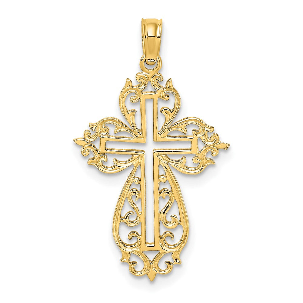 10k Yellow Gold 15 mm Cut-Out Scroll Framed Cross Charm (0.85 grams)