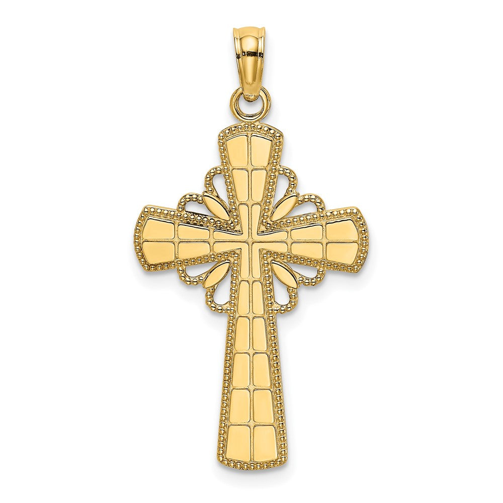 10k Yellow Gold 16 mm Polished W/ Beaded Edge Grid Accent Cross Charm (1.2 grams)