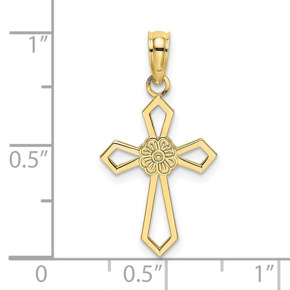 10k Yellow Gold 12 mm Cut-Out and Flat Cross W/ Flower Charm (0.42 grams)