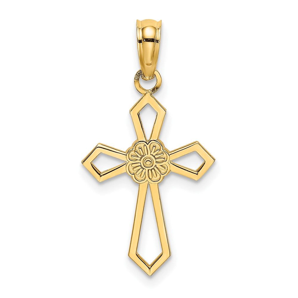 10k Yellow Gold 12 mm Cut-Out and Flat Cross W/ Flower Charm (0.42 grams)