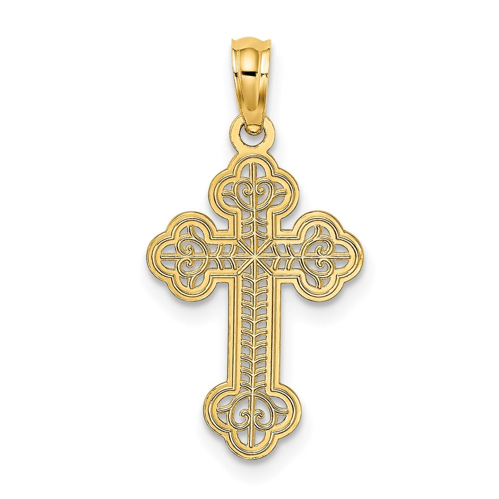 10k Yellow Gold 13 mm Lace Center Budded Cross Charm (0.59 grams)