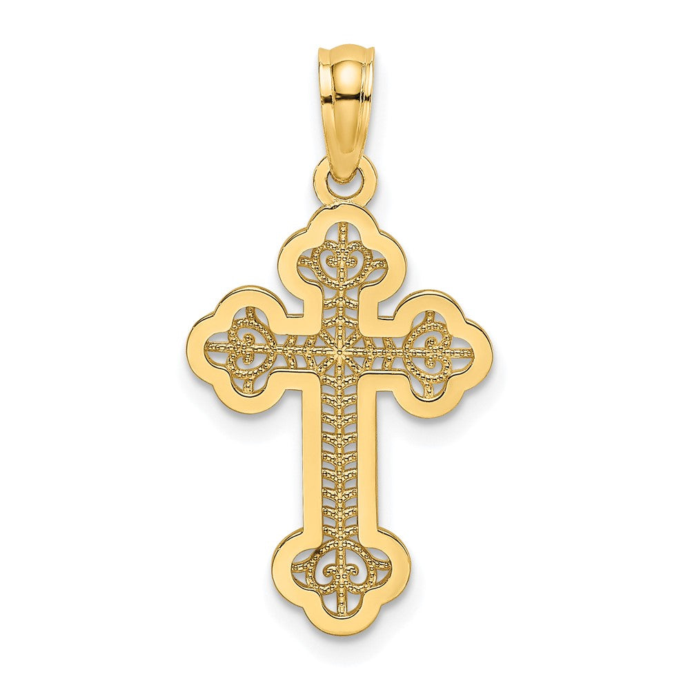 10k Yellow Gold 13 mm Lace Center Budded Cross Charm (0.59 grams)