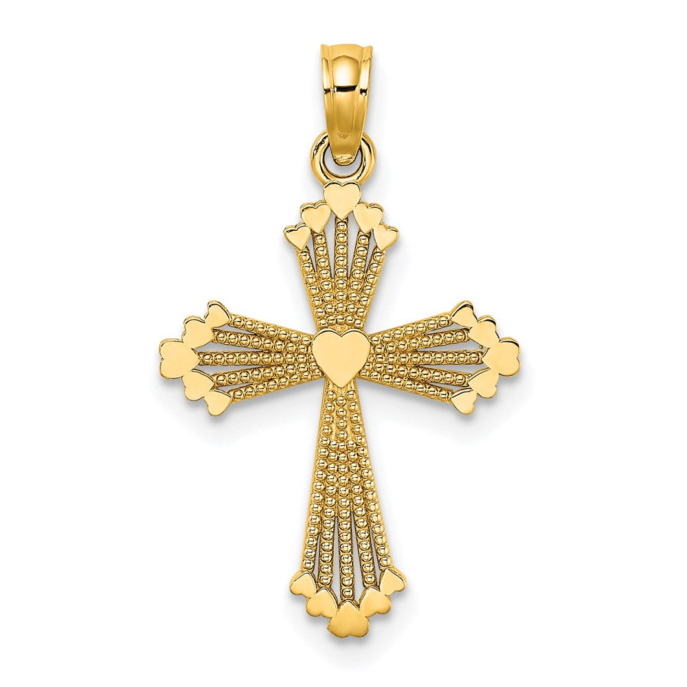 10k Yellow Gold 14.5 mm Cut-Out Stripes Cross w/ Heart Charm (0.8 grams)