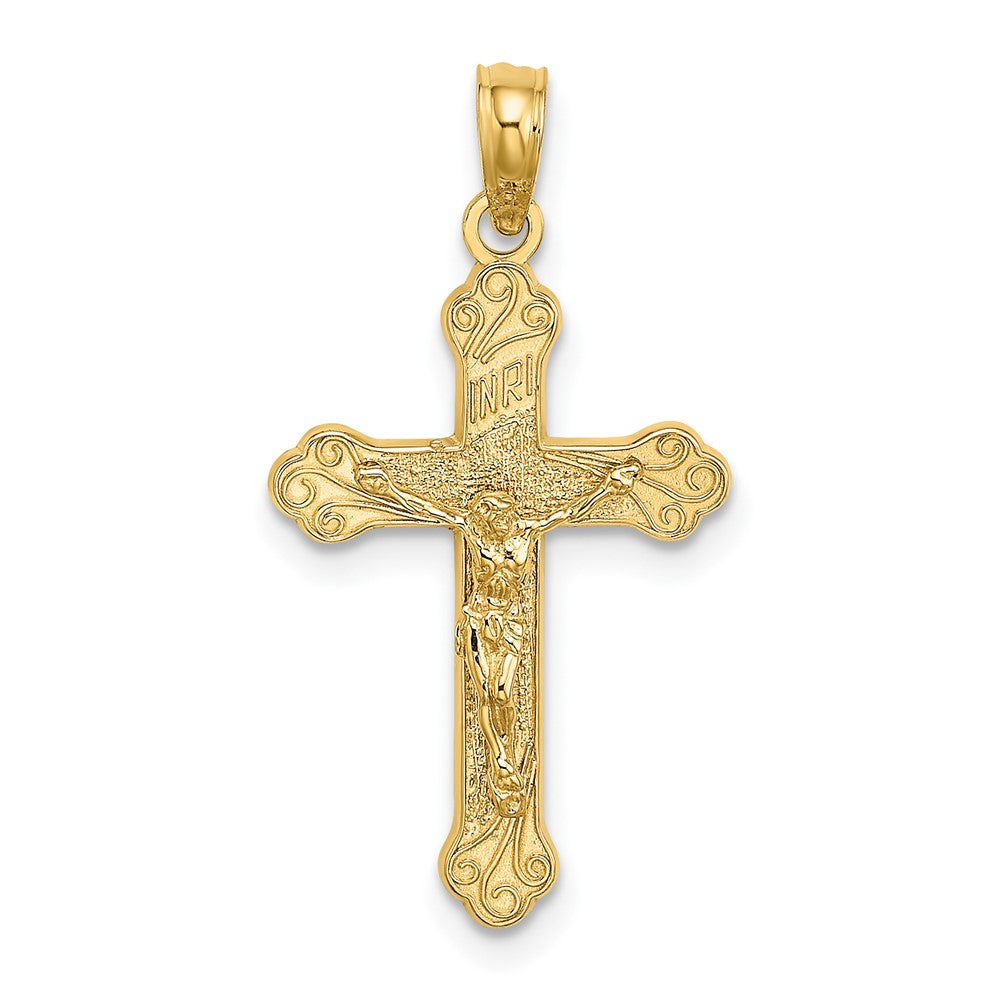 10k Yellow Gold 14 mm Inri Jesus Crucifix W/ Scroll Tips Charm (0.77 grams)