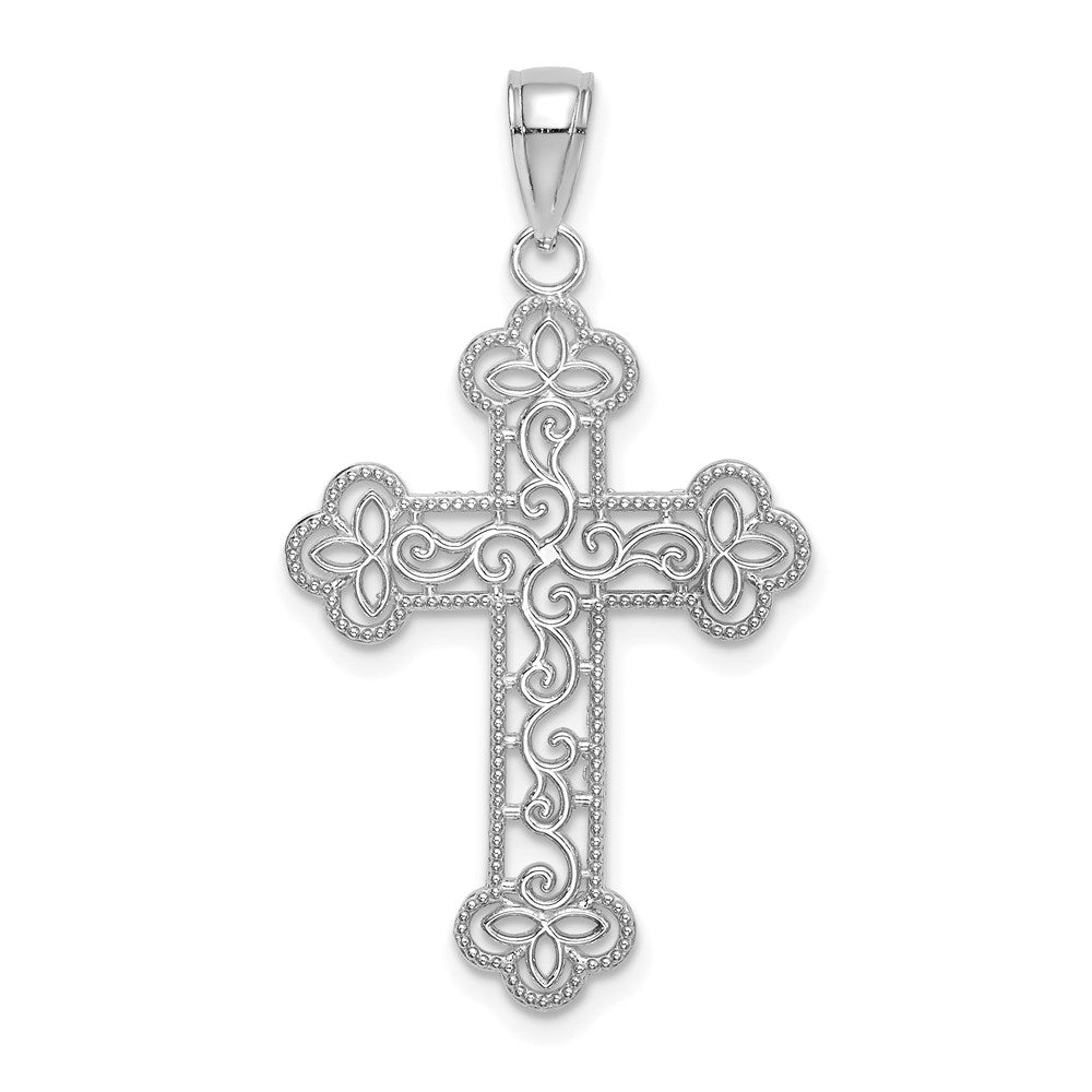 10k White Gold 21 mm  Textured Beaded Edge Cross Charm (1 grams)