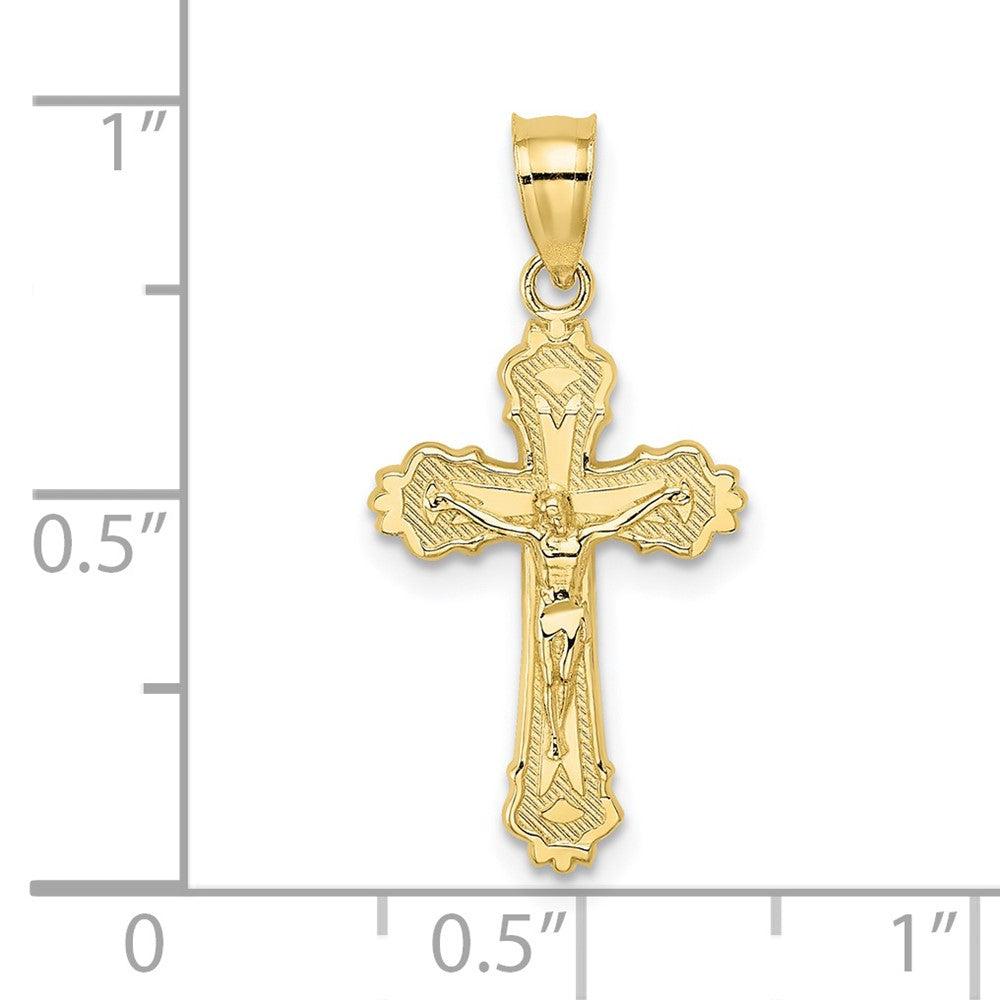 10k Yellow Gold 12 mm W/ Textured Scalloped Edge Jesus Crucifix Charm (0.7 grams)