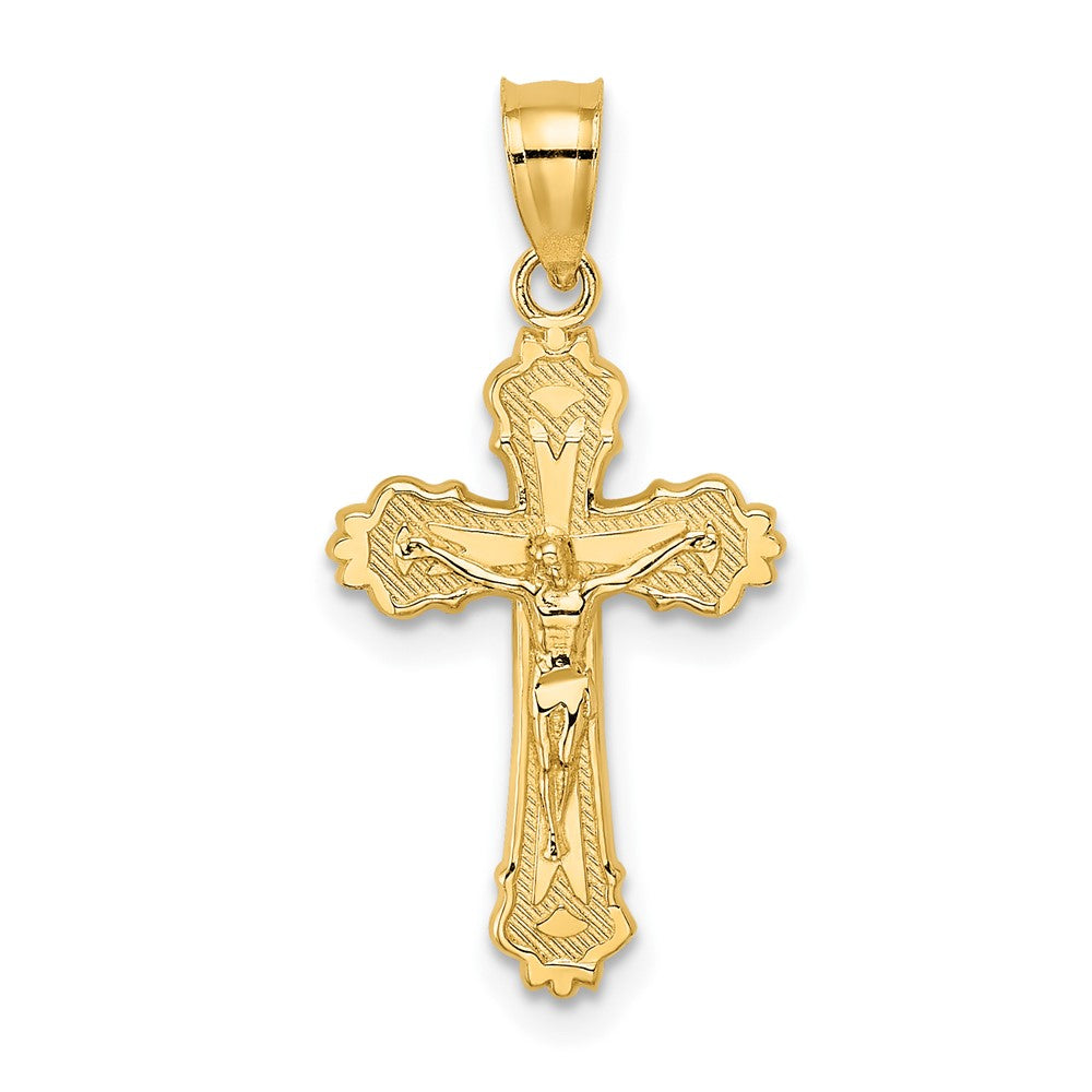 10k Yellow Gold 12 mm W/ Textured Scalloped Edge Jesus Crucifix Charm (0.7 grams)