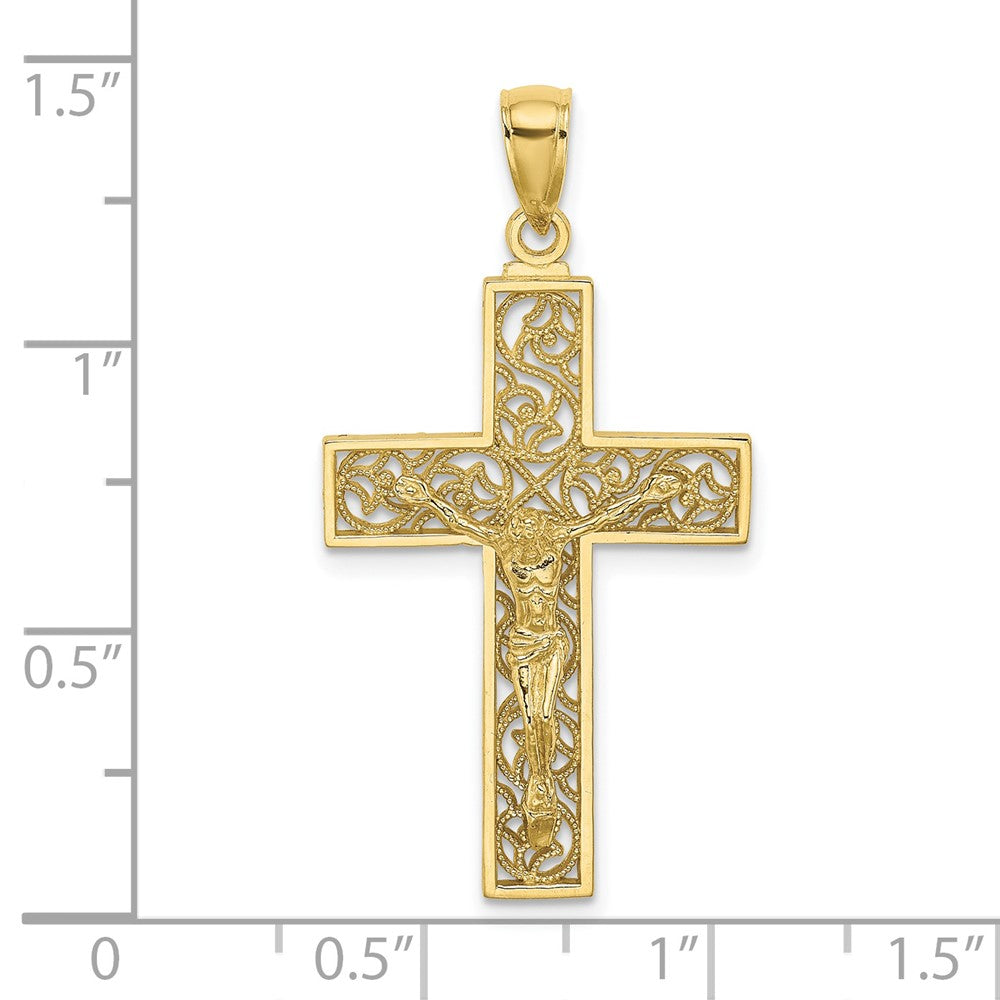 10k Yellow Gold 19 mm Textured Swirl Design Jesus Crucifix Charm (1.71 grams)