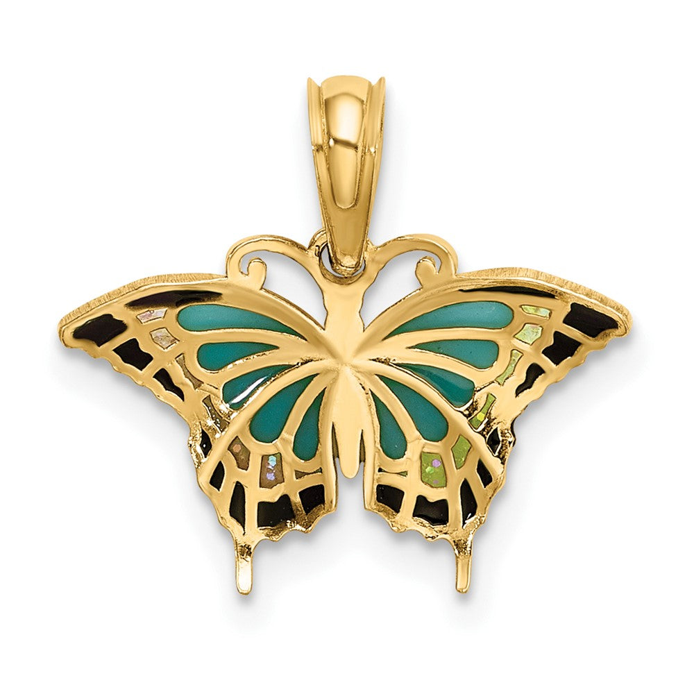 10k Yellow Gold 17.2 mm Small Aqua Enameled Wings Butterfly Charm (0.63 grams)