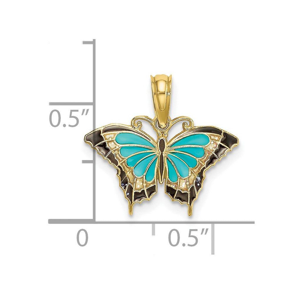 10k Yellow Gold 17.2 mm Small Aqua Enameled Wings Butterfly Charm (0.63 grams)