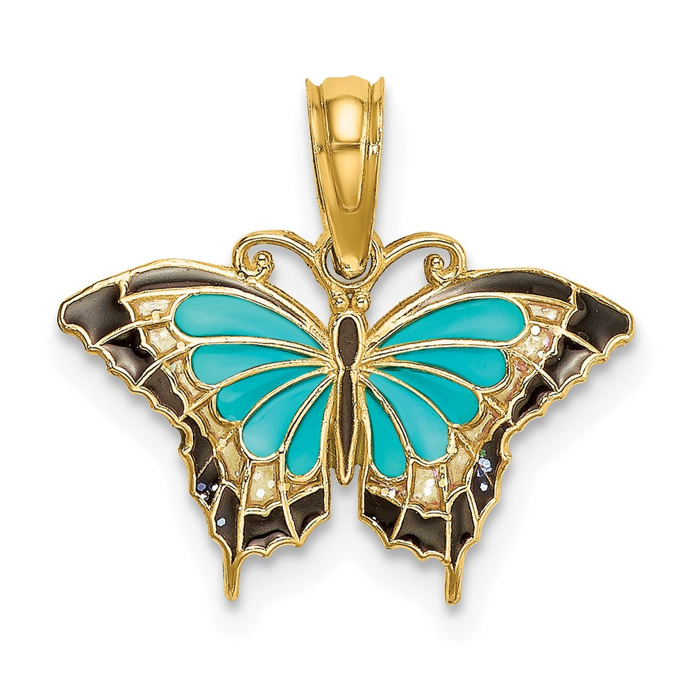 10k Yellow Gold 17.2 mm Small Aqua Enameled Wings Butterfly Charm (0.63 grams)