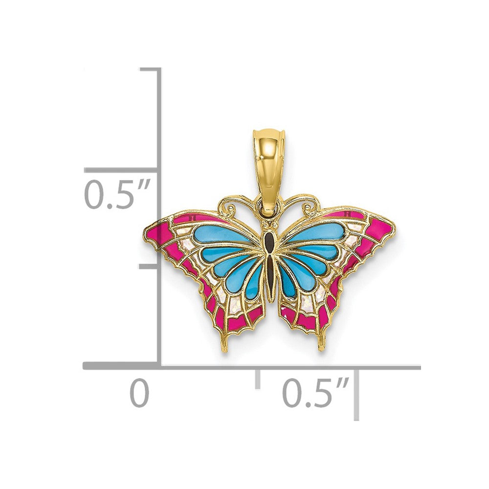 10k Yellow Gold 17.2 mm Small Enameled Blue and Red Butterfly Charm (0.6 grams)