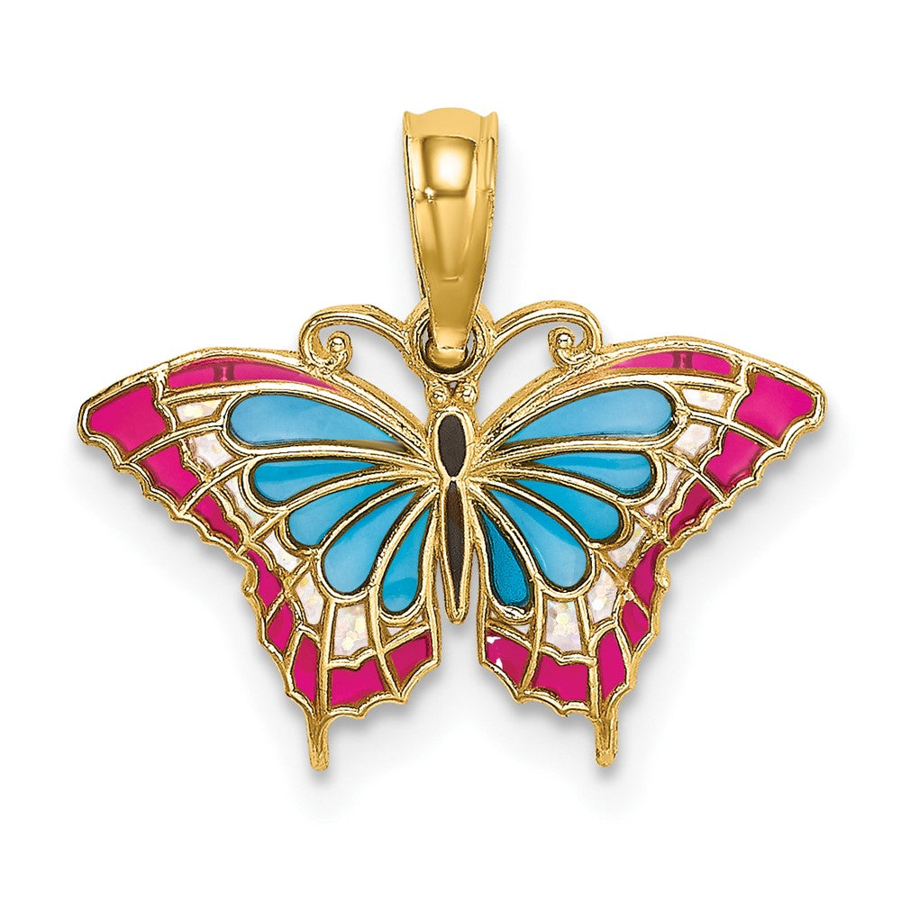 10k Yellow Gold 17.2 mm Small Enameled Blue and Red Butterfly Charm (0.6 grams)