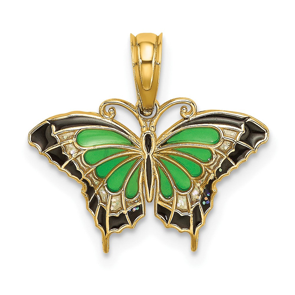 10k Yellow Gold 17.2 mm Small Green Enameled Butterfly Charm (0.63 grams)