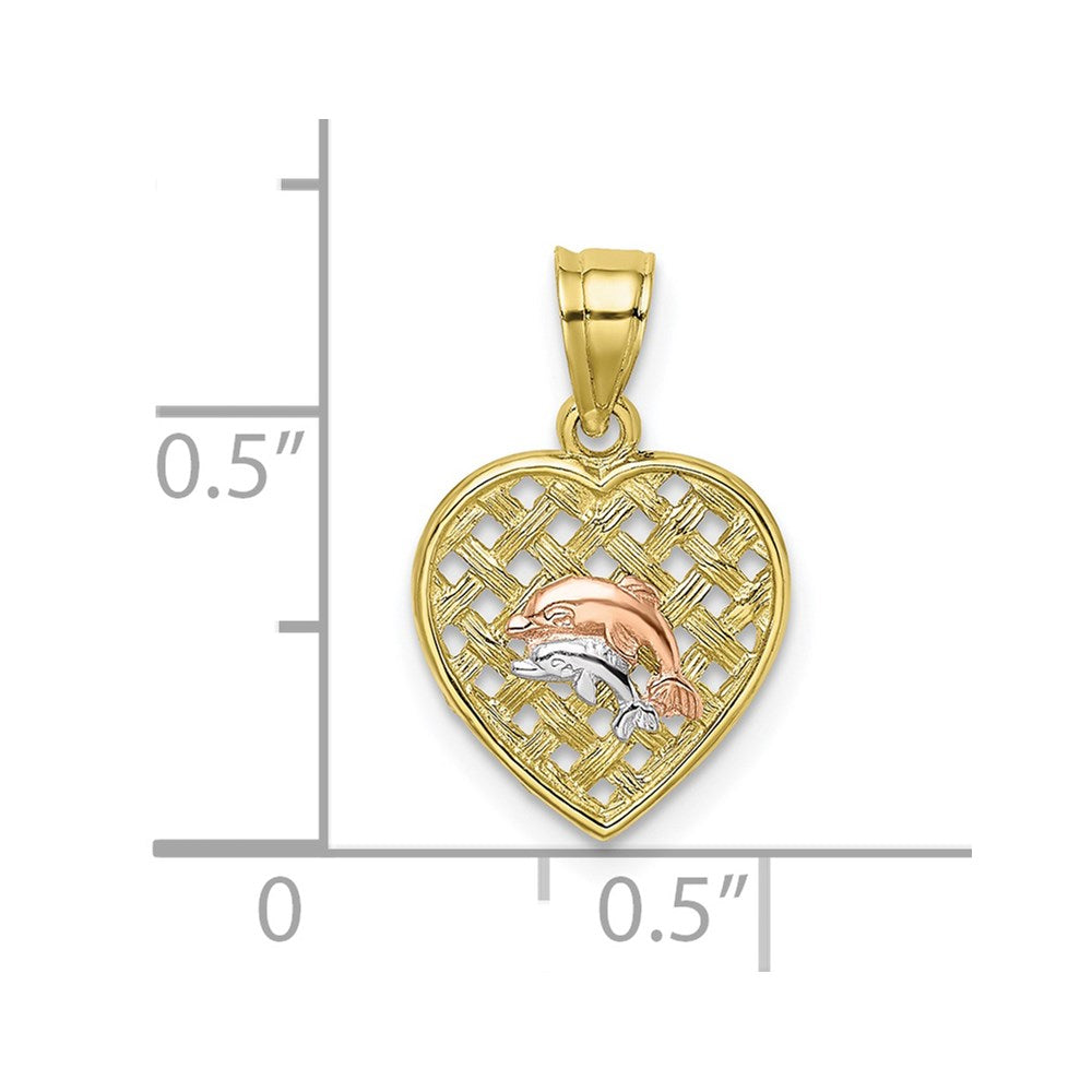 10k Two-tone 11.5 mm  Double Dolphins On Woven Heart Charm (0.57 grams)