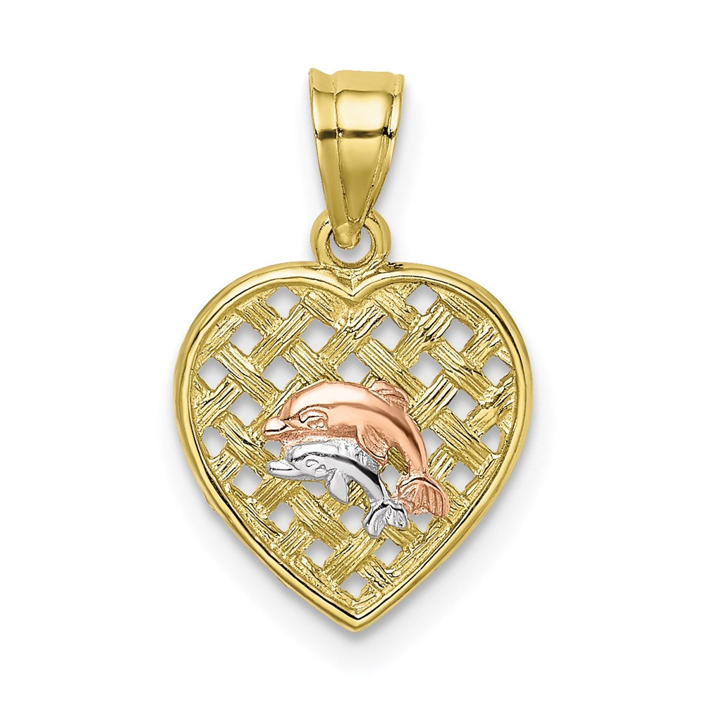 10k Two-tone 11.5 mm  Double Dolphins On Woven Heart Charm (0.57 grams)