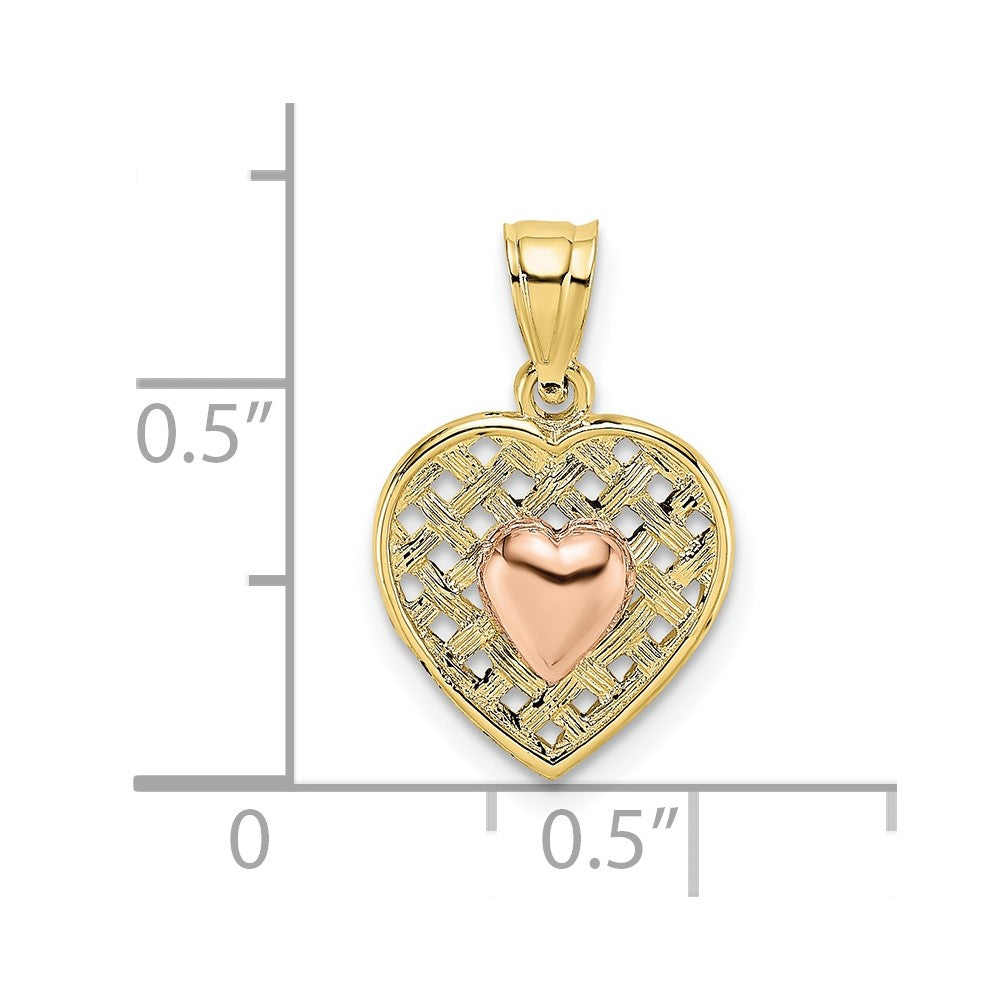 10k Two-tone 11.4 mm Yellow and Rose Gold Polished Heart On Woven Heart Charm (0.53 grams)