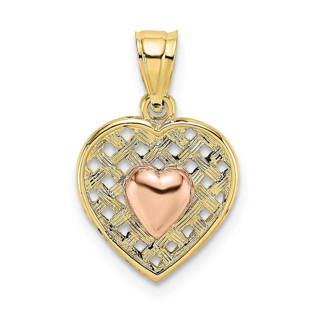 10k Two-tone 11.4 mm Yellow and Rose Gold Polished Heart On Woven Heart Charm (0.53 grams)