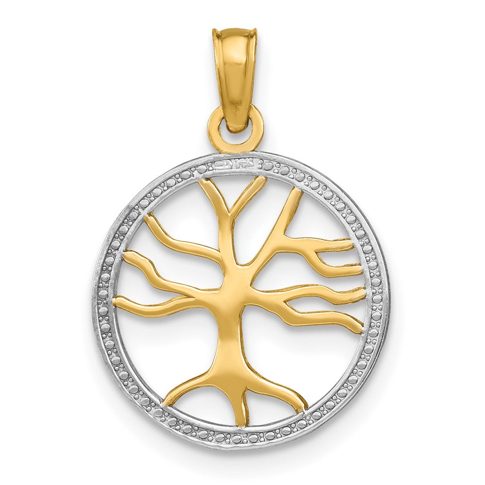 10k Yellow w/Rhodium 14.9 mm  3-D Tree Of Life In Round Frame Charm (0.83 grams)