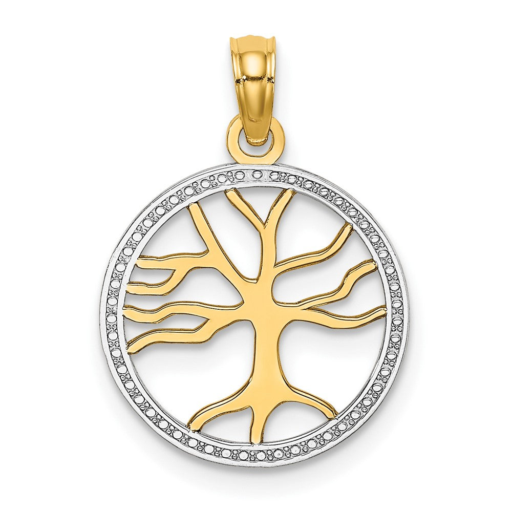 10k Yellow w/Rhodium 14.9 mm  3-D Tree Of Life In Round Frame Charm (0.83 grams)