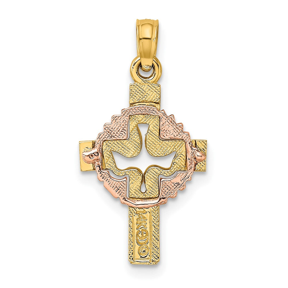 10k Two-tone 13 mm Two-Tone Cut-Out Dove On Cross Charm (0.92 grams)