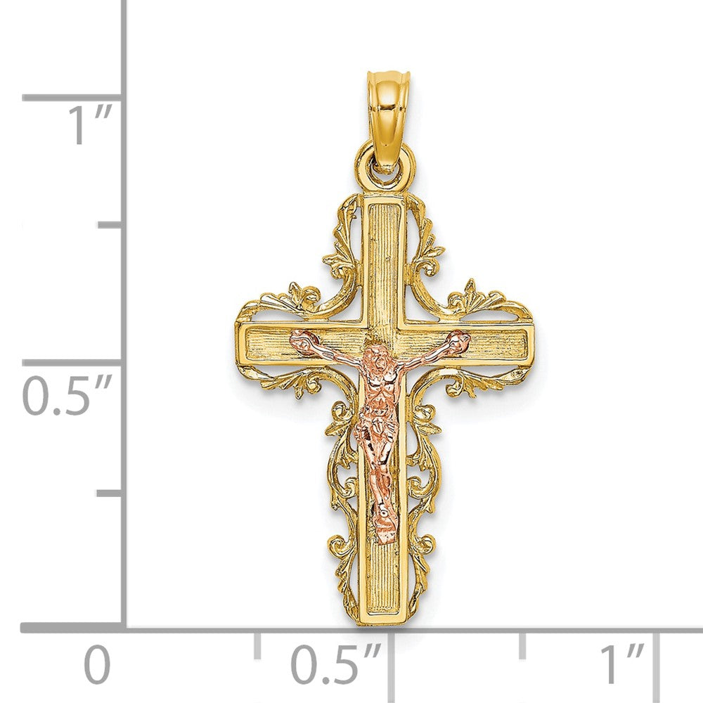 10k Two-tone 15 mm Two-Tone w/ Lace Trim Jesus Crucifix Charm (1.22 grams)