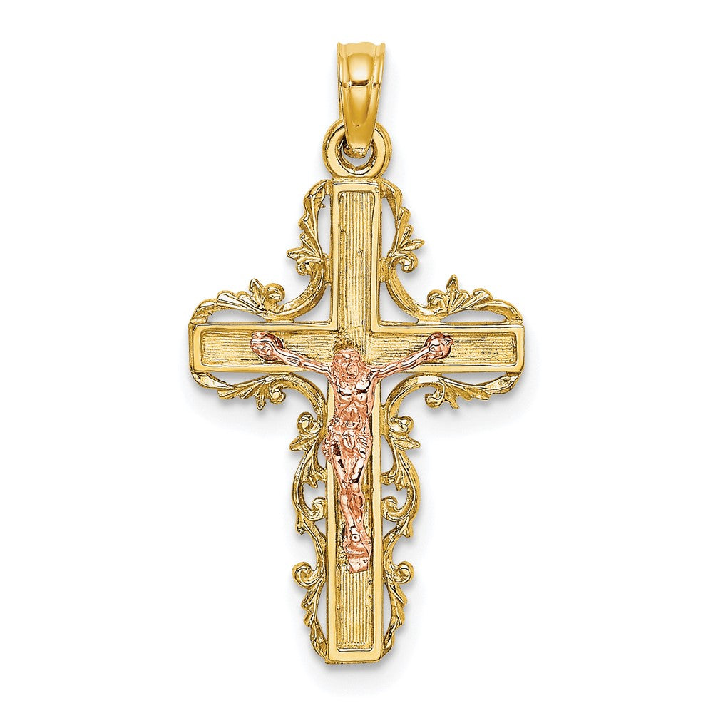 10k Two-tone 15 mm Two-Tone w/ Lace Trim Jesus Crucifix Charm (1.22 grams)