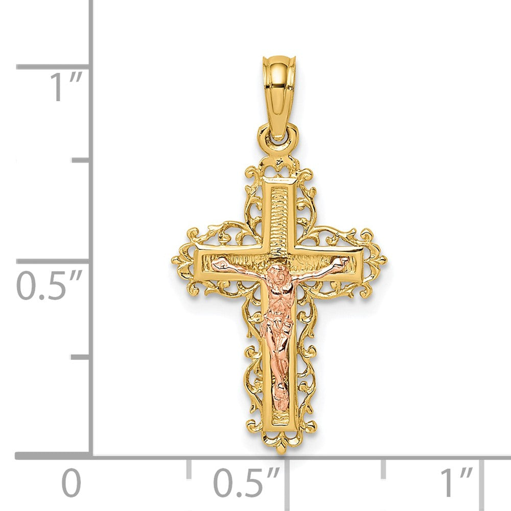 10k Two-tone 15 mm Two-Tone Jesus Crucifix W/ Lace Trim Charm (1.03 grams)