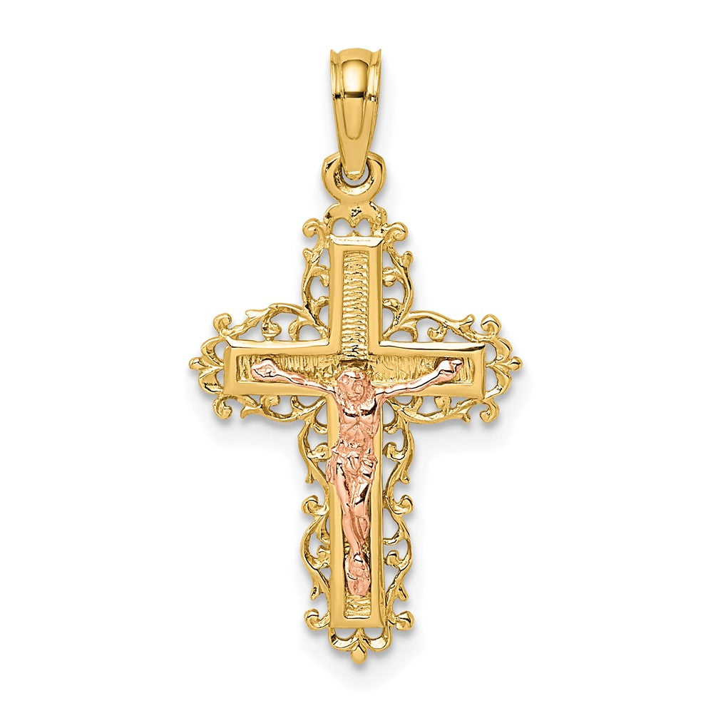 10k Two-tone 15 mm Two-Tone Jesus Crucifix W/ Lace Trim Charm (1.03 grams)