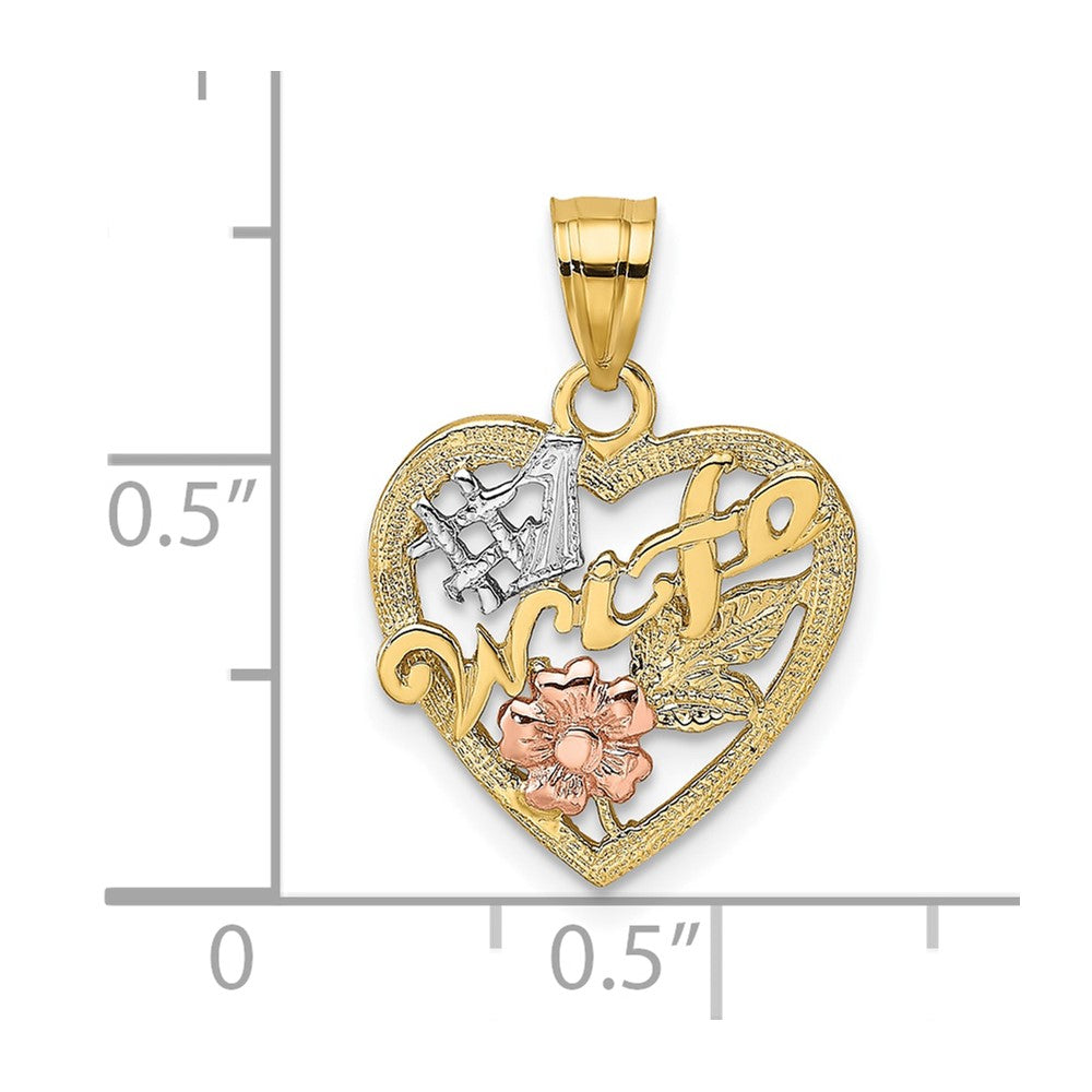 10k Two-tone 14 mm Two-Tone w/White Rodium #1 WIFE In Heart Charm (0.91 grams)