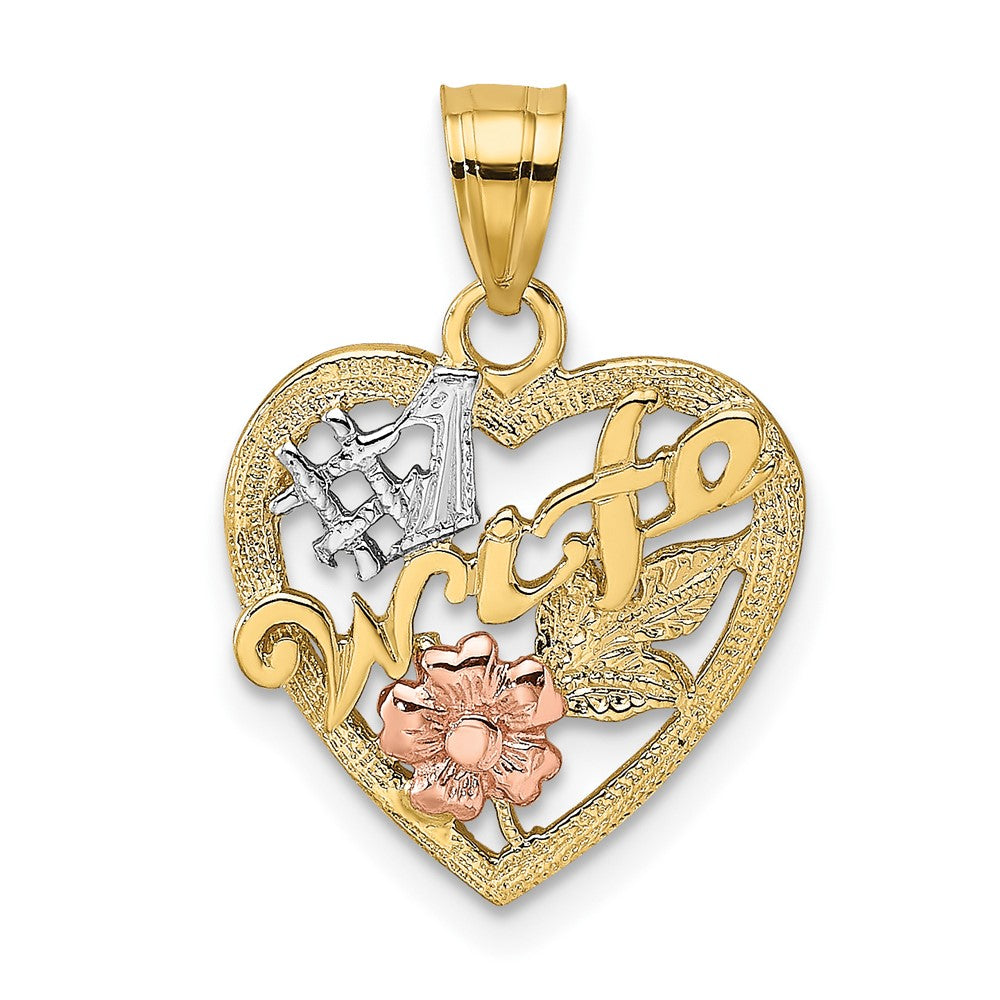 10k Two-tone 14 mm Two-Tone w/White Rodium #1 WIFE In Heart Charm (0.91 grams)