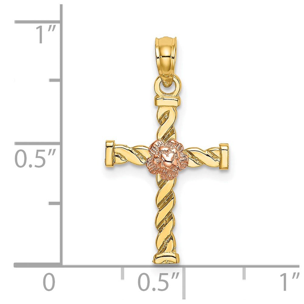 10k Two-tone 13 mm Two-Tone Twisted Cross w/ Flower Charm (0.83 grams)