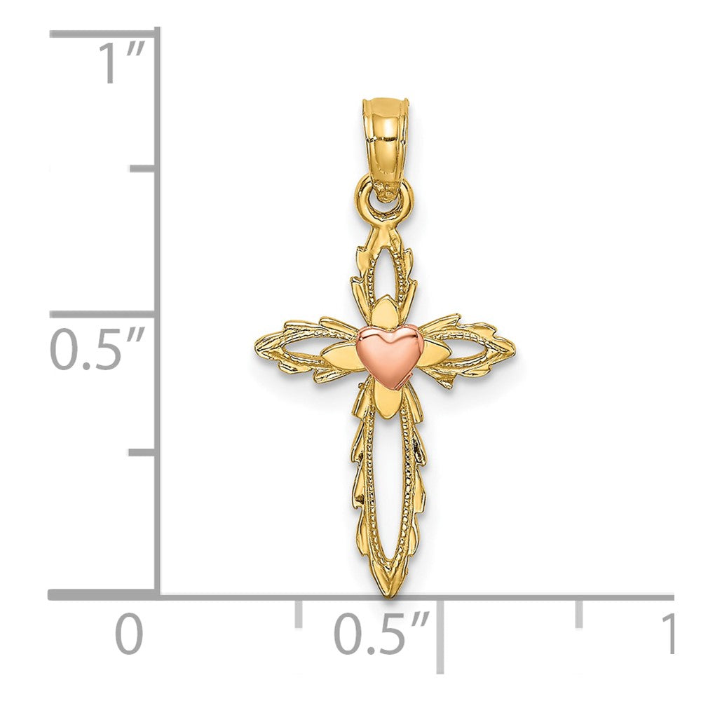 10k Two-tone 12 mm Two-Tone Cross w/ Heart Charm