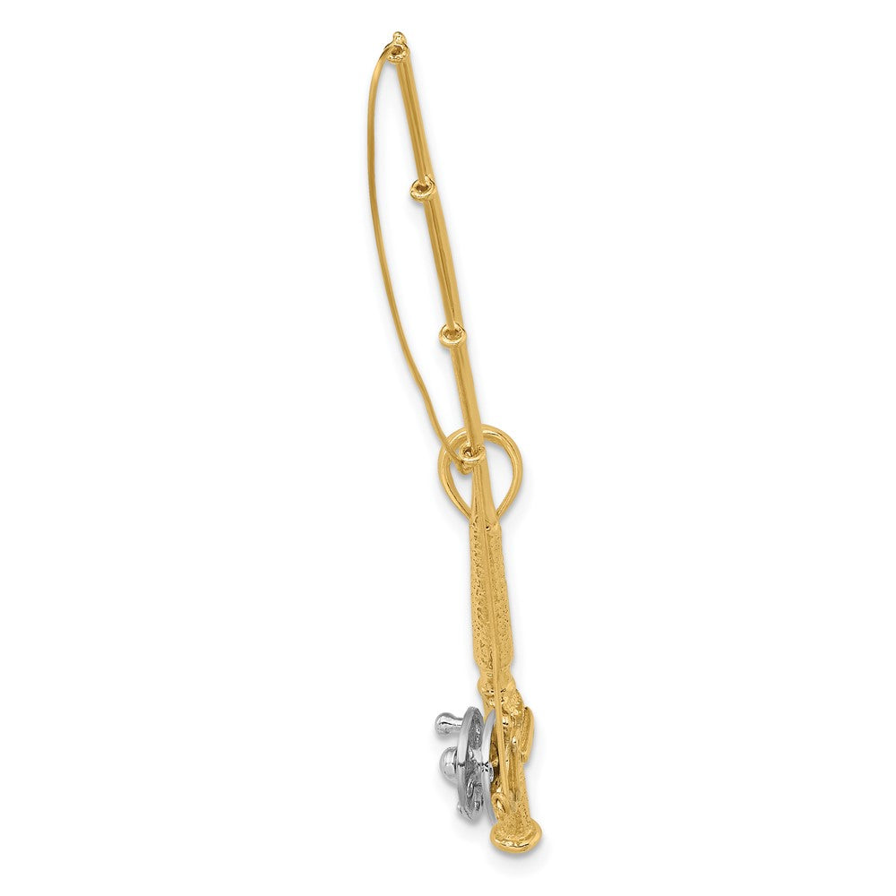 10k Yellow w/Rhodium 64.25 mm  3-D Fly Rod Fishing Pole Charm (2.46 grams)