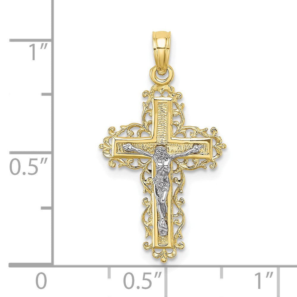 10k Two-tone 15 mm Two-tone Textured w/ Lace Trim Jesus Crucifix Charm (1.07 grams)