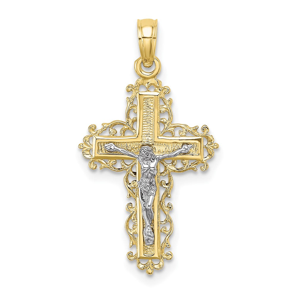 10k Two-tone 15 mm Two-tone Textured w/ Lace Trim Jesus Crucifix Charm (1.07 grams)