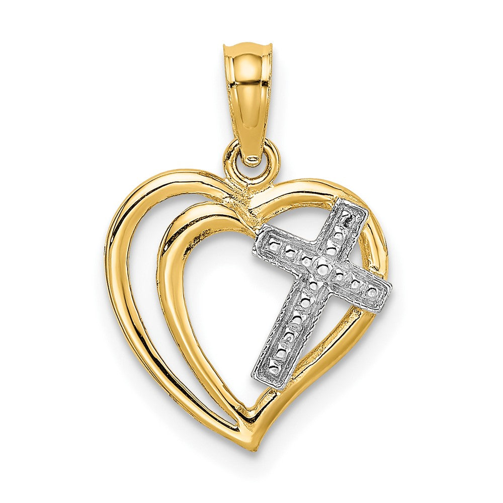 10k Yellow w/Rhodium 13 mm  Cross In Heart Charm (0.84 grams)