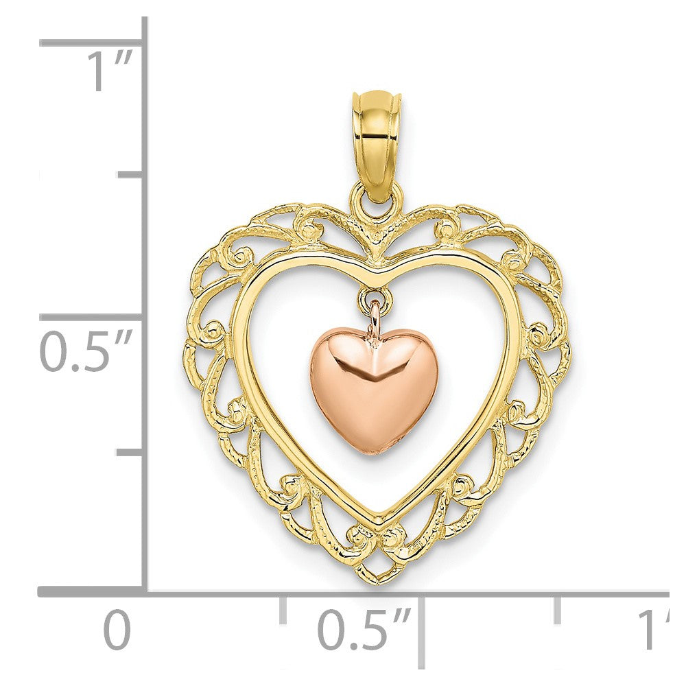 10k Two-tone 18.5 mm Yellow and Rose Gold Polished Dangling Heart In Heart Charm (1.24 grams)