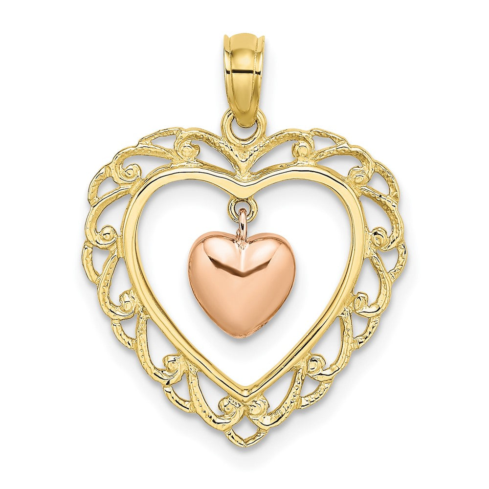 10k Two-tone 18.5 mm Yellow and Rose Gold Polished Dangling Heart In Heart Charm (1.24 grams)