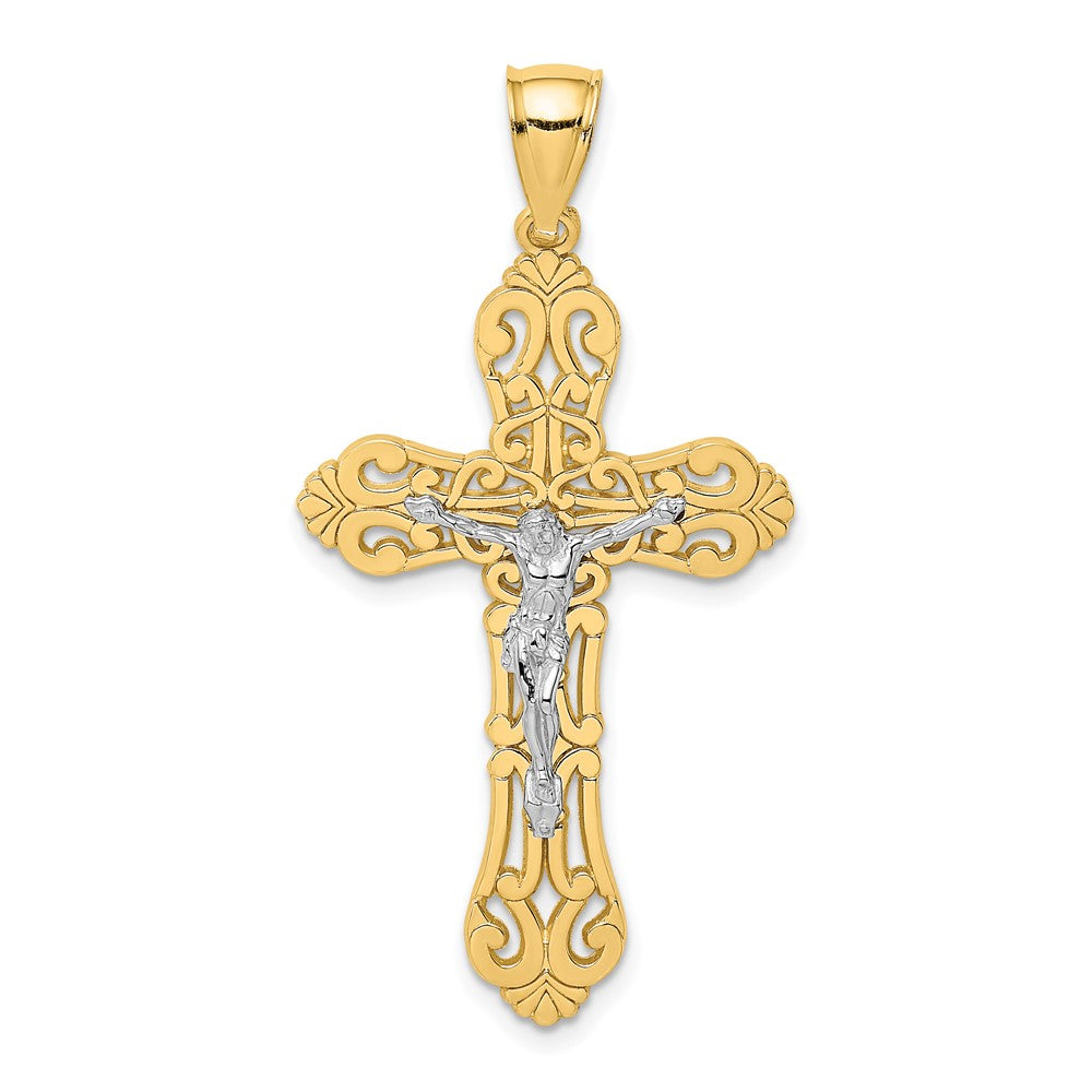 10k Yellow w/Rhodium 23 mm  Jesus Crucifix W/ Scrolled Tips Charm (2.3 grams)