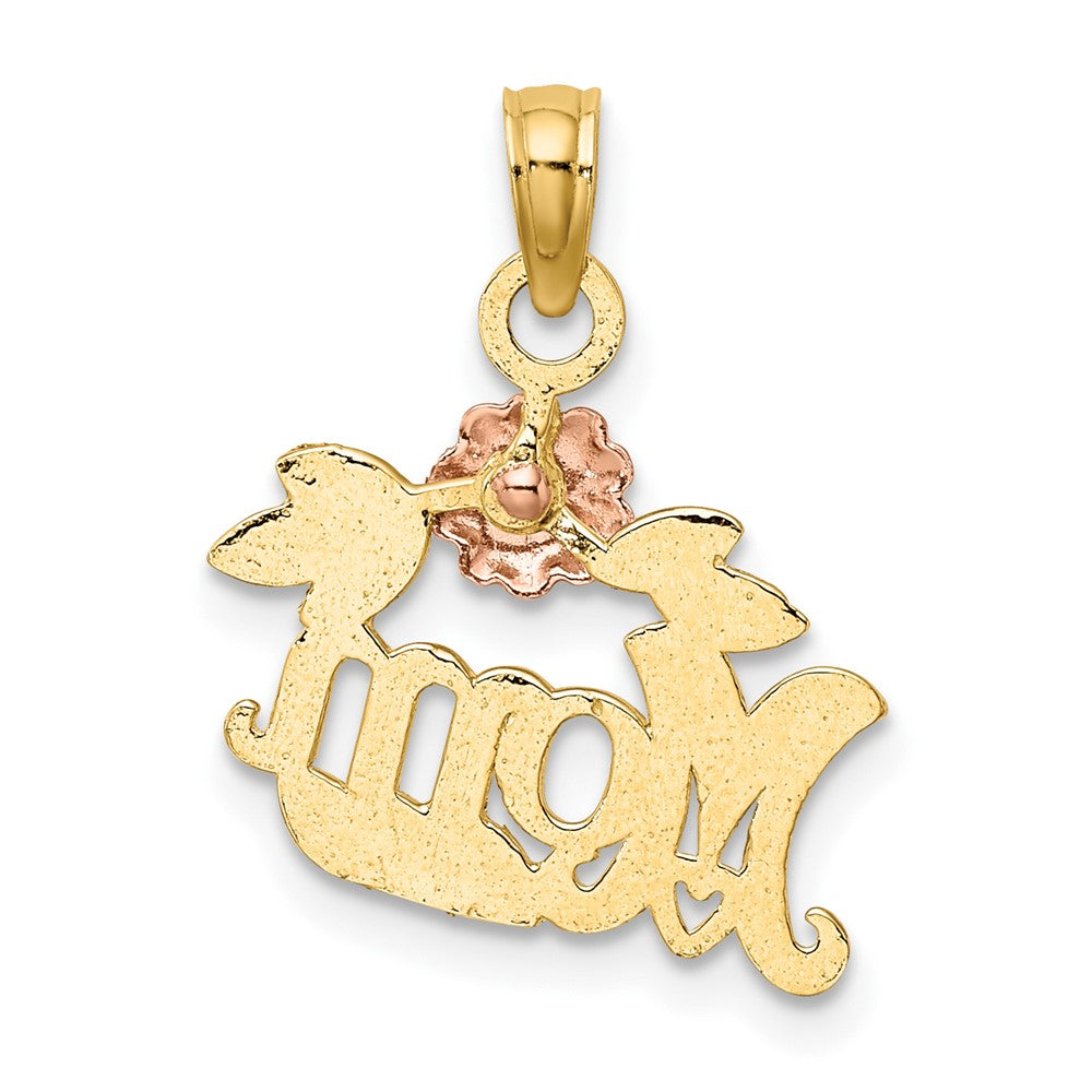 10k Two-tone 15.8 mm Two-Tone Textured Scroll w/ Flower MOM Charm (0.84 grams)