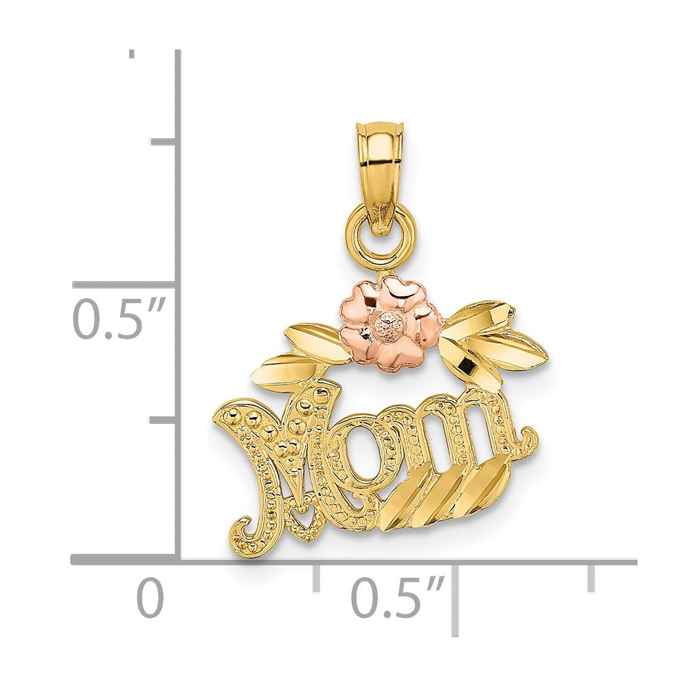 10k Two-tone 15.8 mm Two-Tone Textured Scroll w/ Flower MOM Charm (0.84 grams)