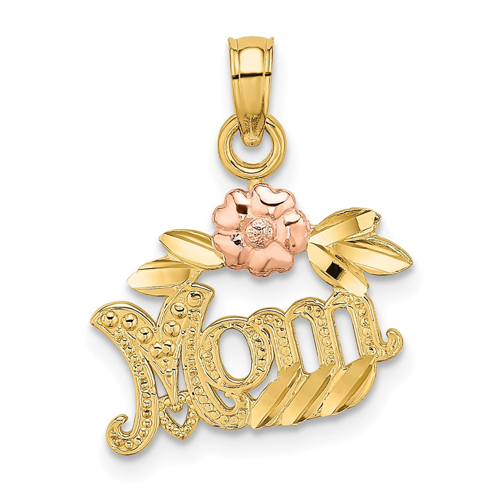 10k Two-tone 15.8 mm Two-Tone Textured Scroll w/ Flower MOM Charm (0.84 grams)