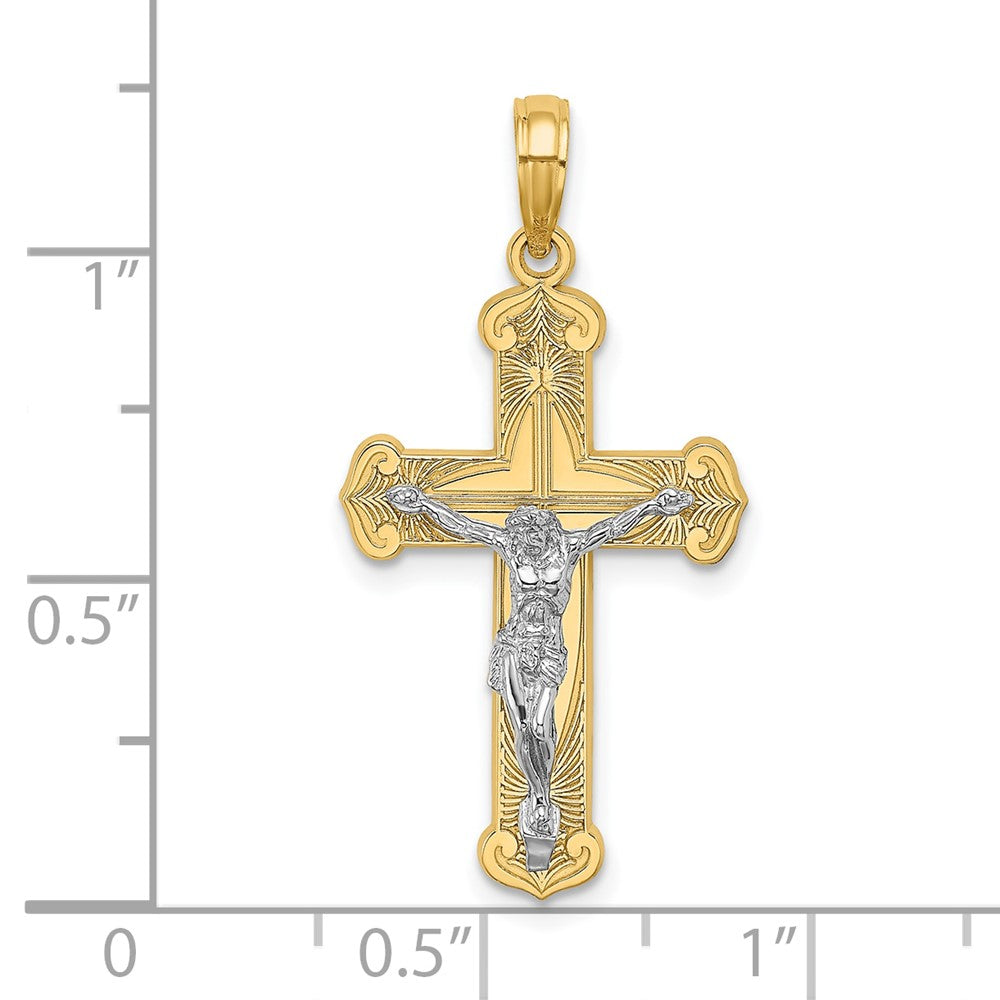 10k Two-tone 16 mm Two-tone Engraved Jesus Crucifix Charm (1.36 grams)