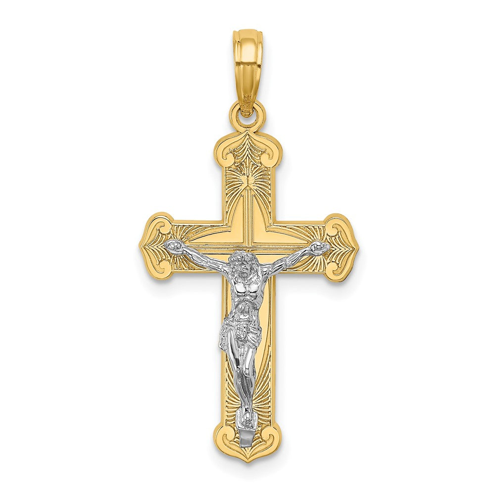 10k Two-tone 16 mm Two-tone Engraved Jesus Crucifix Charm (1.36 grams)